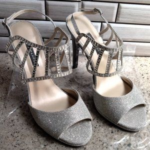 Silver / Rectangular Jewel Rhinestones Open Toe Evening Heel